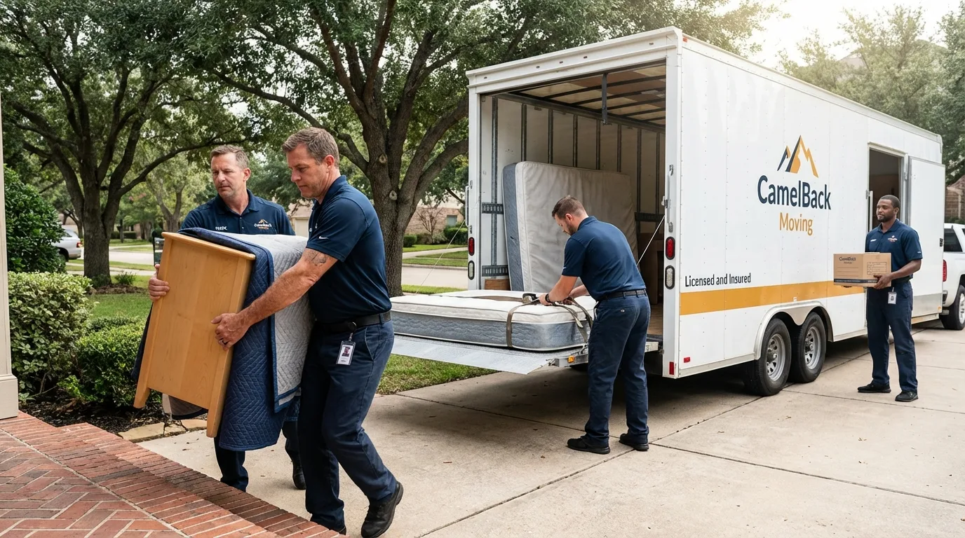 Crew loading residential truck for cross-state move from Belmont, CA