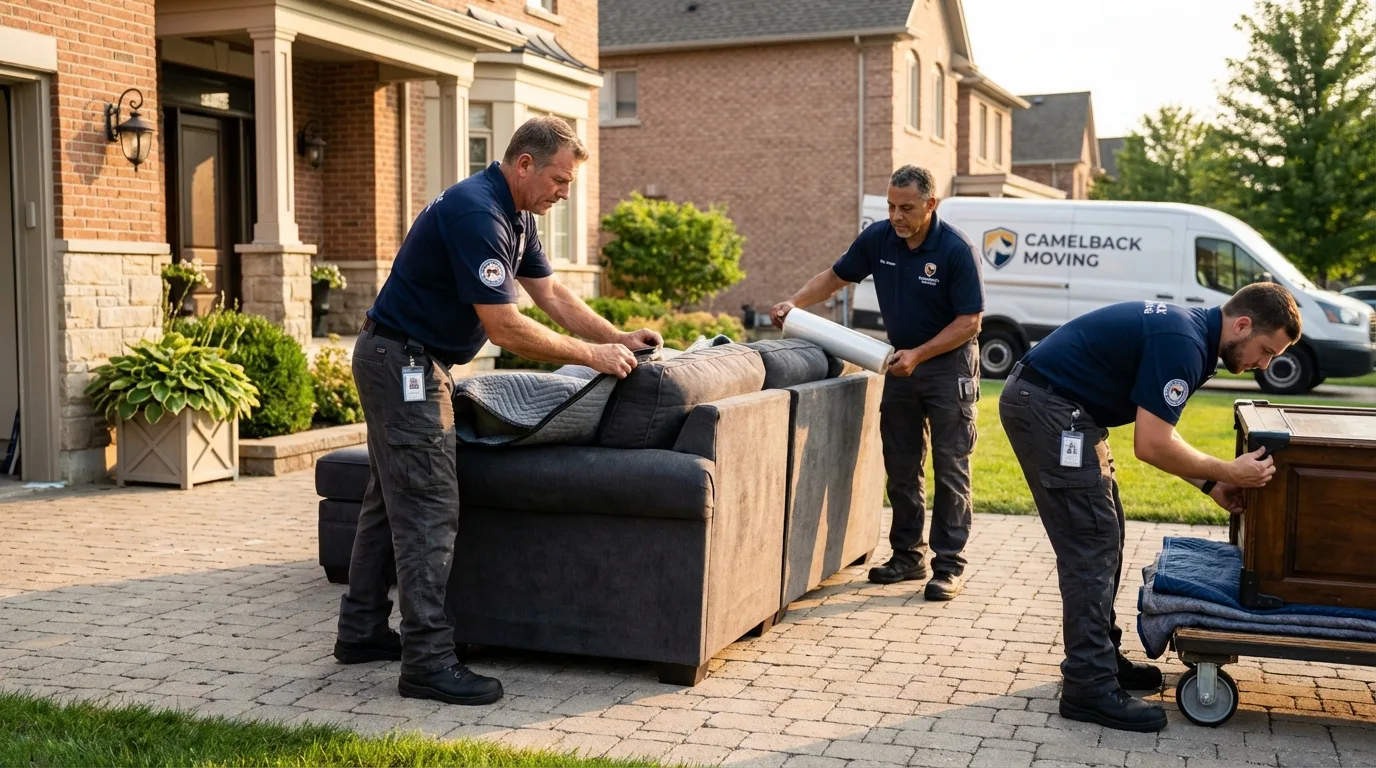 Large estate moving crew wrapping furniture in Belmont, CA