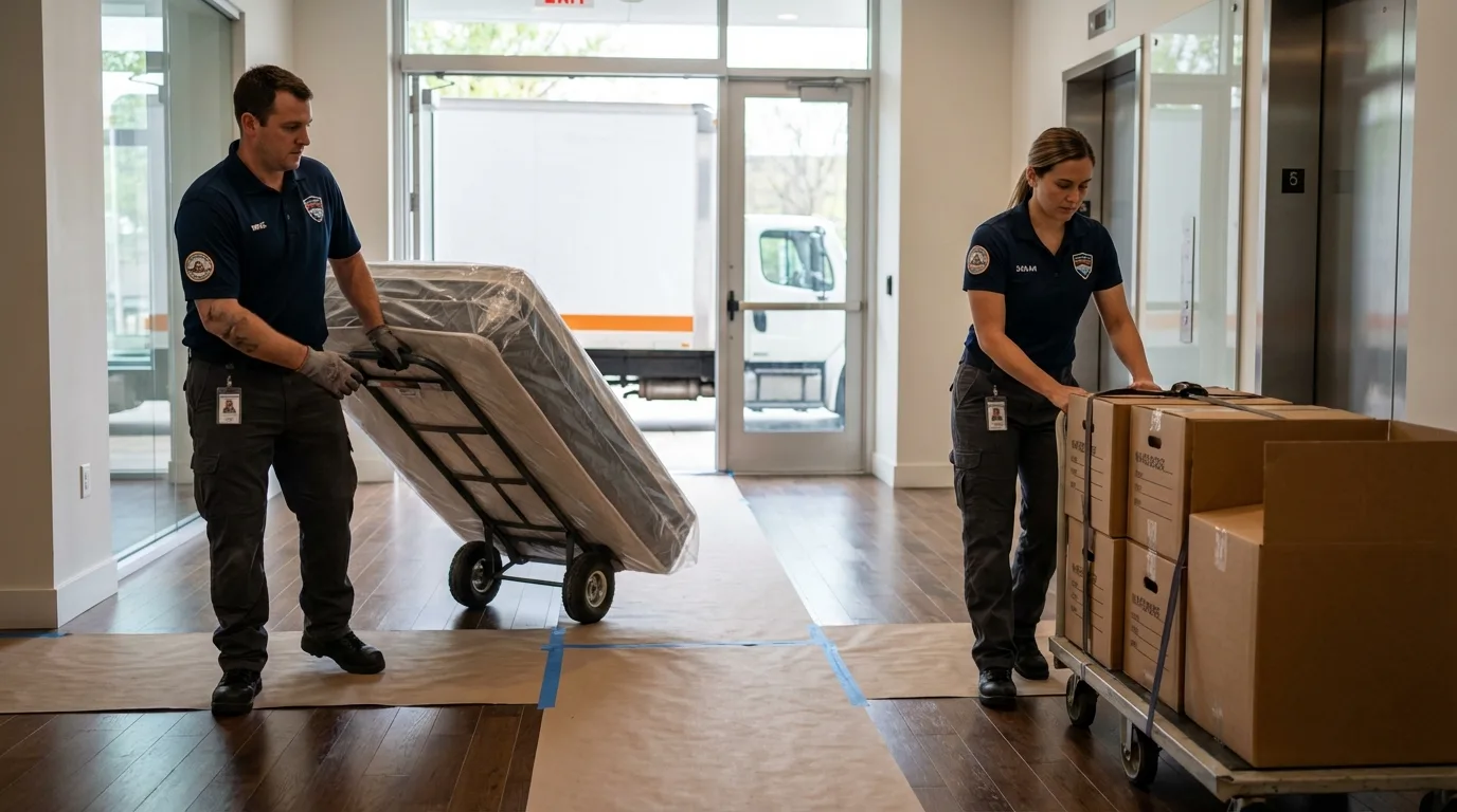 Professional apartment movers loading elevator in Belmont, CA
