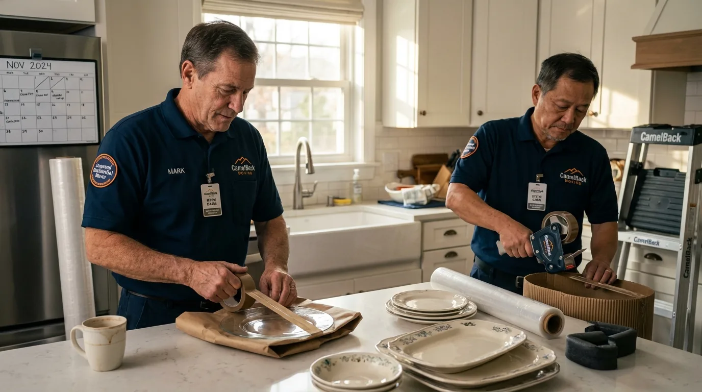 Professional crew packing kitchen dishware in Belmont, CA